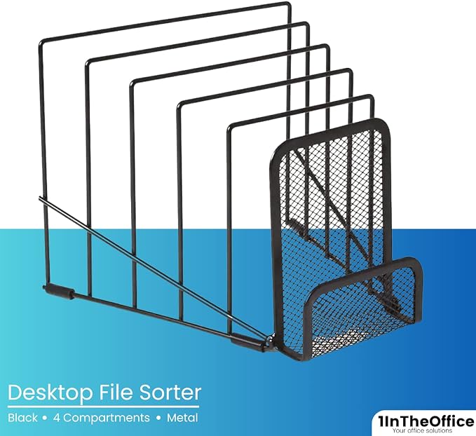 1InTheOffice Metal Incline Desktop File Sorter, Black Wire Mesh Step Sorter, 6 Compartments
