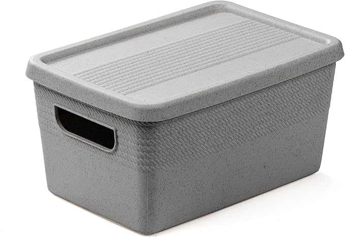 BINO | Plastic Storage Bins with Lids, 5 Liter - 3 Pack, Natural Grey | THE BRAIDED COLLECTION | Plastic Bins for Organization Woven Storage Baskets for Organizing Pantry Shelf Organizer Basket Bin