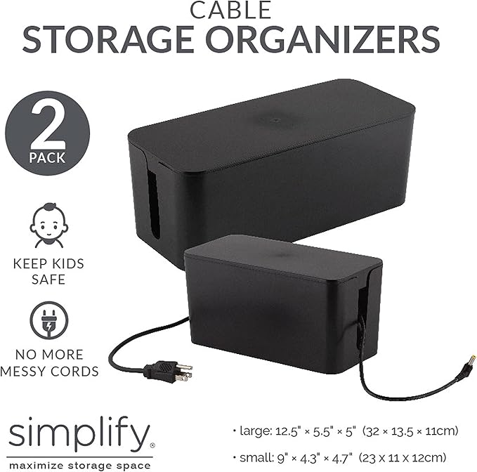 Simplify 2 Pack Cable Organizer Box | Multi-sized | Hidden Storage with Lid | Chargers & Wires | Computer & TV Cords | Black