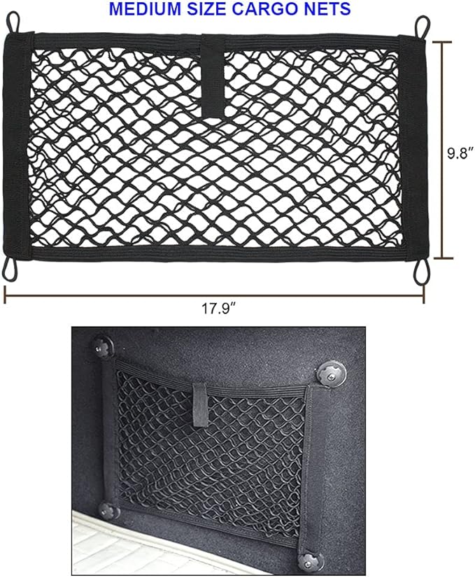 [2 Pack] JAVOedge Medium Cargo Net for Car, SUV, Truck, RV, Boat – Elastic Storage Mesh Organizer with Built‑in Hooks, 8 Screws & 8 Carabiners – Heavy‑Duty Trunk Cargo Net & Vehicle Storage Bag