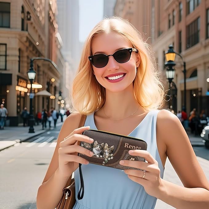 Bulopur Custom Wallet with Name for Women Cute Cat RFID Wristlet Wallets Zip Around Cash Slim Compact Clutch Long Credit Card Holder PU Leather Handbags Gifts for Cat Owner