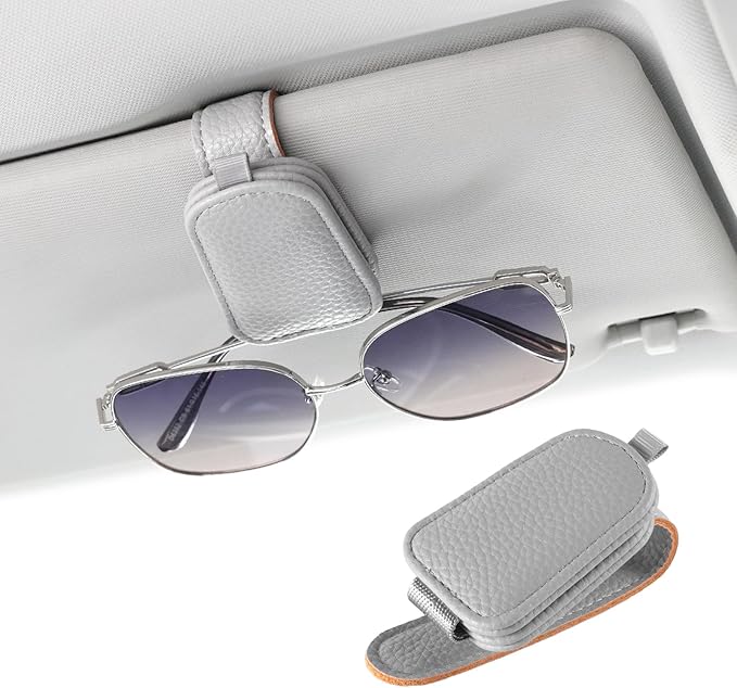JUSTTOP 1Pack Sunglass Holder for Car, Magnetic Leather Buckle Sun Visor Sunglass Clip, Ticket Card Clip Sunglasses Mount, Car Interior Accessories for Men and Women (Gray)