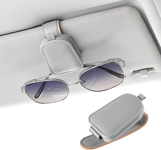 JUSTTOP 1Pack Sunglass Holder for Car, Magnetic Leather Buckle Sun Visor Sunglass Clip, Ticket Card Clip Sunglasses Mount, Car Interior Accessories for Men and Women (Gray)