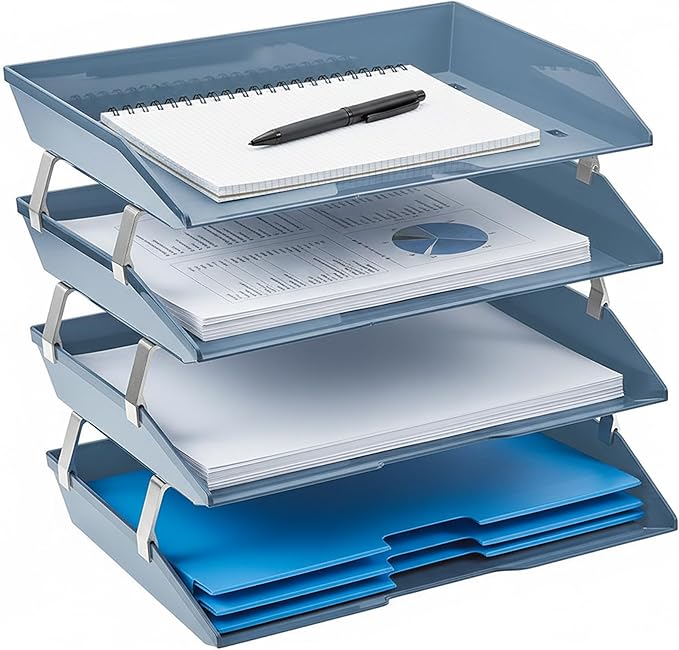Acrimet 4 Tier Paper Letter Tray Side Load Letter Size, Office Desk File Document Organizer Plastic (Solid Blue)