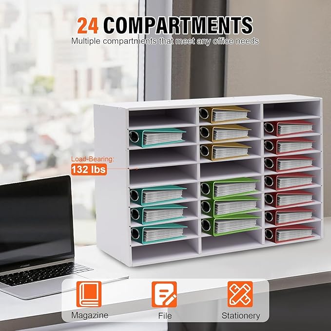 Literature Organizer 24 Slots, Compartments Mail Sorter Organizer, Adjustable Desktop File Organizer with Removable Shelves, Paper Organizer for Home Office School (White, 24 Slots)