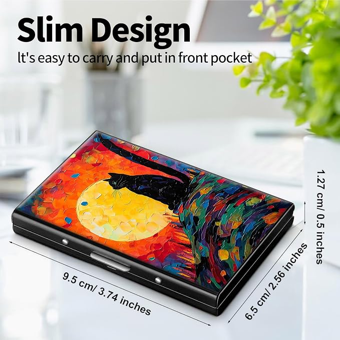 Metal Wallet for Women Men Girls, RFID Blocking Slim Aluminum Credit Card Holder, Mini Travel Wallet with Hard Shell, Lightweight ID & Business Card Case,Art Black Cat Sun
