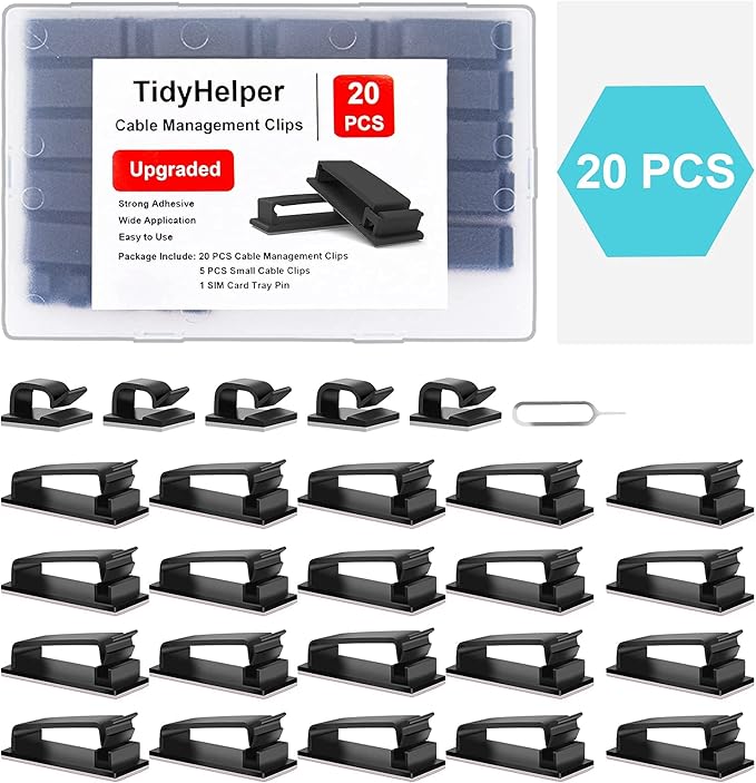 Cable Management Clips, Large Cord Clips for Under Desk Wire Management, Adhesive Organizer Multiple Cord (Computer/PC, Network, TV, Ethernet) Black 20 PCS