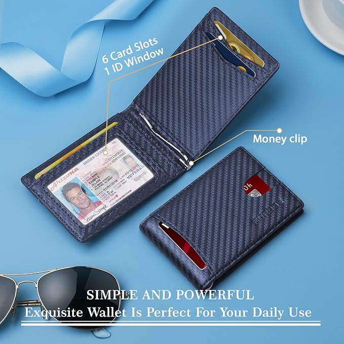 RUNBOX Slim Wallet for Men Genuine Leather RFID Blocking Bifold Minimalist Front Pocket Mens Wallet with Money Clip Thin Gift Box