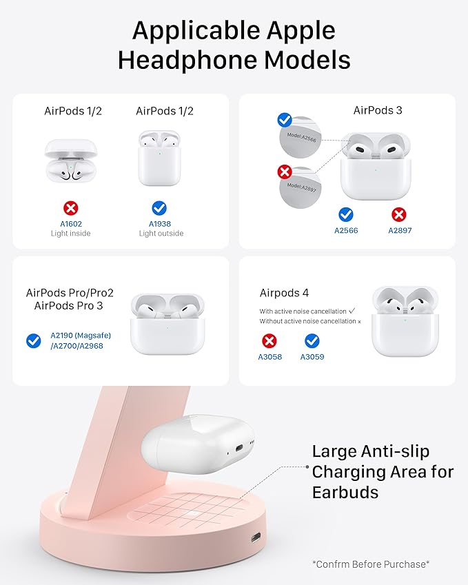 Anlmz 3 in 1 Charging Station for iPhone, Wireless Charger for iPhone 17 16e 16 15 14 13 12 11 X Pro Max & Apple Watch - Charging Stand Dock for AirPods (Pink)