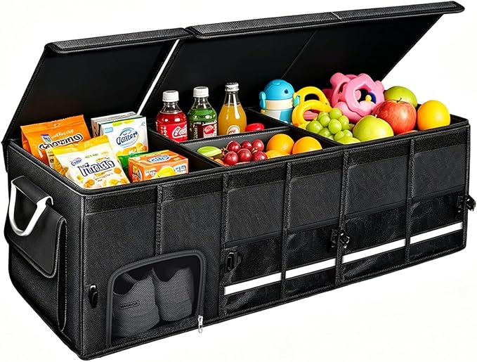 Car trunk organizer, Collapsible Multi-Compartments Car trunk Organizer with Shoes Storage Space, Reflective Strip, Perfect for Car & SUV (34.5 * 13.8 * 11.8 INCH)