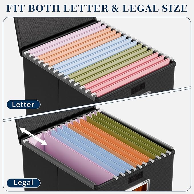 File Organizer Box with Lid, Collapsible File Folder Organizer for Office Document Storage, Filing Box with Plastic Slide for Letter Size Hanging File Folders(1 Pack, Black)