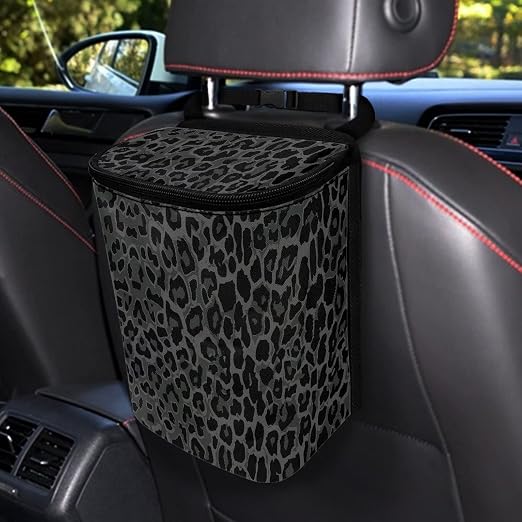 Talayituse Black Leopard Print Car Trash Can with Lid, Leak Proof Auto Trash Bag Hanging Vehicle Garbage Can Multipurpose Storage Container for Back Seat Road Trip