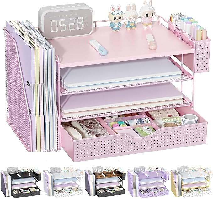 gianotter Wood Desk Organizers and Accessories with File Holder, 4-Tier Desk Accessories & Workspace Organizers with Drawer and Pen Holder, Paper Organizer for Office Supplies (Pink)