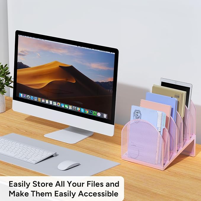 5-Section Desk File Organizer, Metal Mesh Folder Organizer for Documents, Mail & Office Papers (Pink)