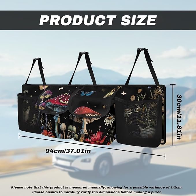 Mushroom Car Trunk Organizers,Backseat Hanging Organizer with 4 Large Storage Bag,Butterfly Black Design Bag with Lids,Road Trip Adjustable Strap Not Easy to Fade