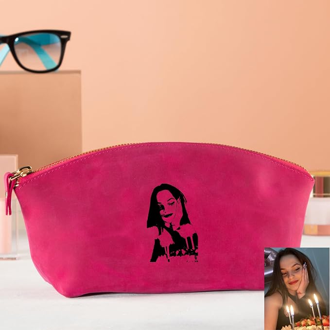 Blade Premium Personalized Genuine Leather Cosmetic Makeup Bag - Wedding Gift for Bridesmaid, Travel Organizer Clutch for Women with Zipper Pouch for Toiletry Essentials (Fuchsia)