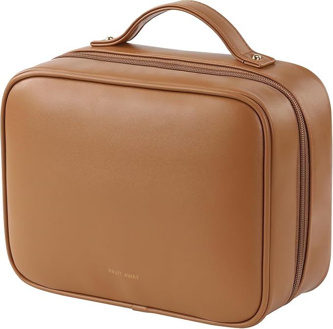 RIGHT AWAY Travel Toiletry Bag for Women, Makeup Bag& Cases, Waterproof Makeup Organizer Cosmetic Bag with Compartments,Portable Make Up Bag for Travel Size Toiletries,Skincare,Brushes Set,Brown