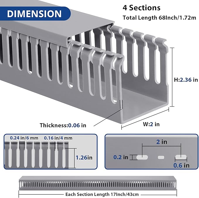 ZhiYo 68in (4X L17in) Server Rack Cable Management Raceway, H2.4 x W2in Large Capacity Cable Raceway Kit, Electrically Safe PVC, Open Slot Wire Raceway for Under Desk/Computer/Network Cords