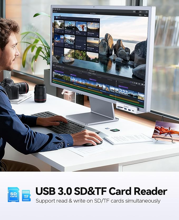 ORICO USB Hub 3.2, USB-Hub Clamp with Type-C PD 60W Port, 10Gbps Aluminum 6-Port USB Extender with 2 USB-A 3.2 Ports, USB-C 3.2, SD/TF Card Reader 3.0, AUX, USB-3.2 Splitter for Monitor, Desk
