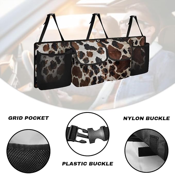 Cow Car Trunk Organizer and Storage, Backseat Hanging Organizer for SUV, Truck, MPV, Waterproof, Collapsible Cargo Storage Bag with 4 Pockets