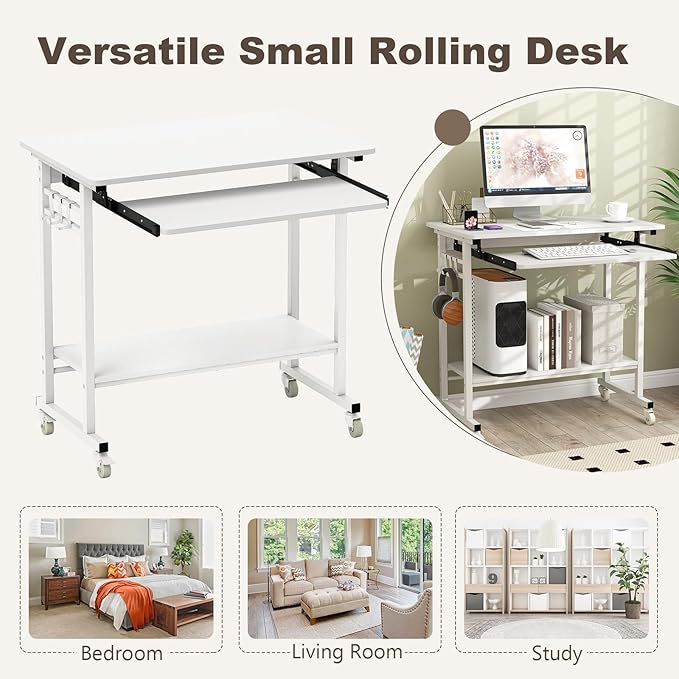 Tangkula Rolling Computer Desk Cart with Keyboard Tray, Mobile Portable Laptop PC Desk with CPU Stand & 3 Hooks for Sofa & Bed, Compact Small Desk on Wheels for Small Spaces (White)