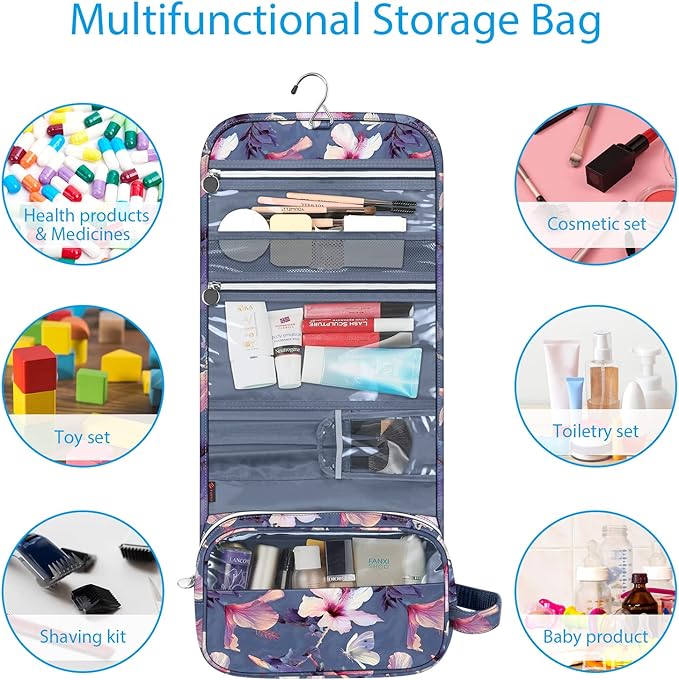 Fintie Portable Toiletry Cosmetic Travel Bag, Large Water Resistant Hanging Makeup Organizer Storage Pouch Case for Women Girls (Blooming Hibiscus)