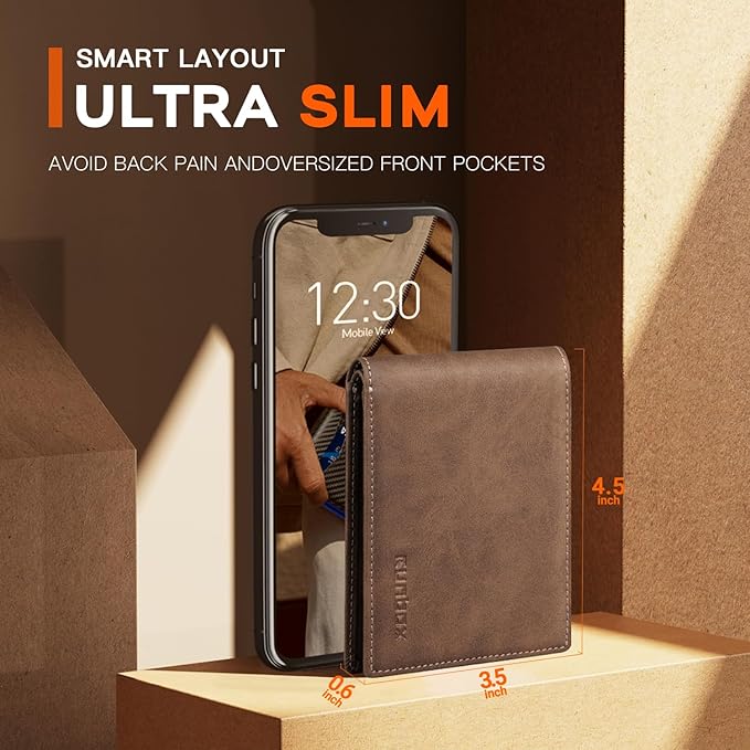 RUNBOX Wallet for Men Slim Leather Bifold RFID Blocking Minimalist Front Pocket Design with Gift Box