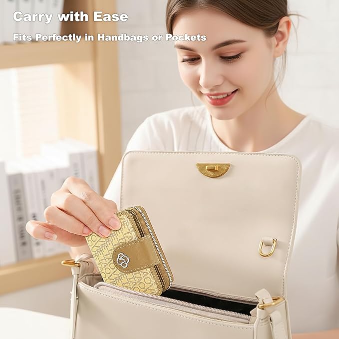 Credit Card Wallets for Women, Leather Cardholder with Zipper Around, Small Rfid Ladies Wallet, Accordion Compact Bifold Purse for Travel, 19 Card Slots, ID Window, Cash Organizer - Apricot