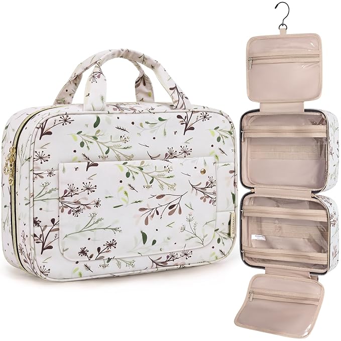 BAGSMART Toiletry Bag Travel Bag with Hanging Hook, Water-resistant Makeup Cosmetic Bag Travel Organizer for Accessories, Shampoo, Full-size Container, Toiletries (Beige Ditsy Floral, Large)