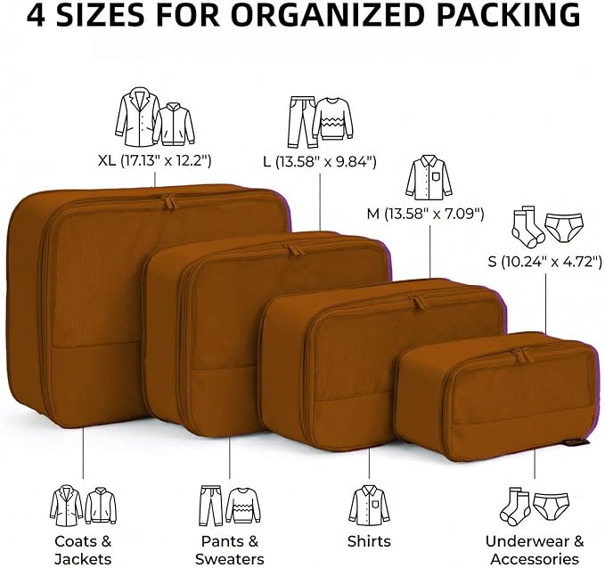 4 Piece Compression Packing Cubes for 3–7 Day Travel, Space Saving Travel Organizers with Breathable Mesh, Double-Zipper Packing Cubes for Carry-On & Suitcases (Brown)