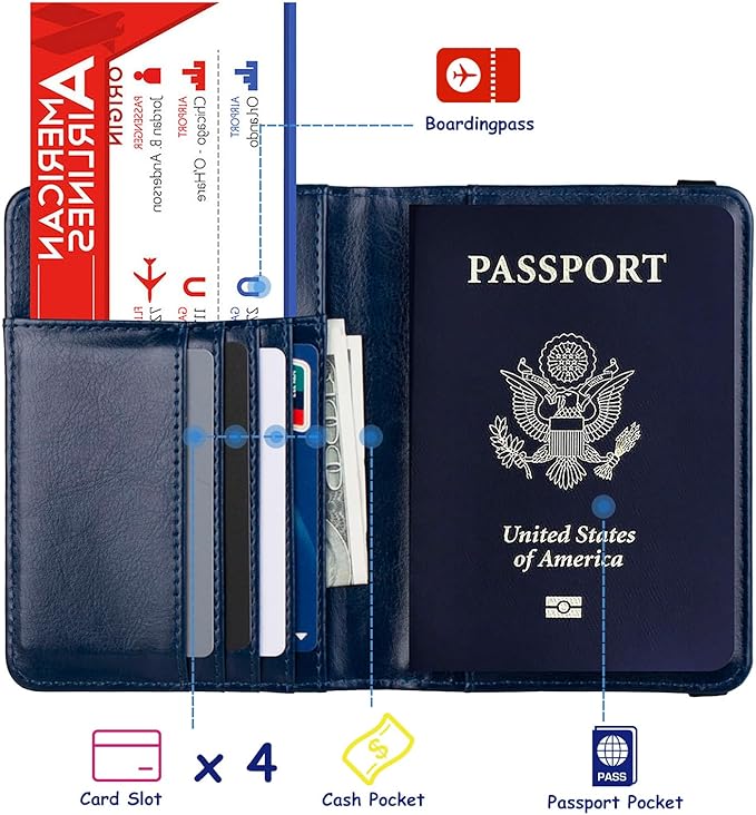 TOURSUIT RFID Blocking Passport Holder for Women Men, Leather Passport Travel Wallet with 3D Metal Badge, Travel Document Holder Cover Accessories (Dark Blue)