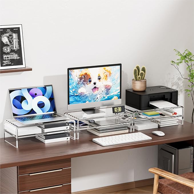 Egchi Acrylic Monitor Stand, 2 Tiers Clear Monitor Riser Computer Stand for Office, Home, Office, 5.12 Inches Hight PC Desk Stand for Keyboard Storage, Premium Platform for Laptop Printer TV Screen