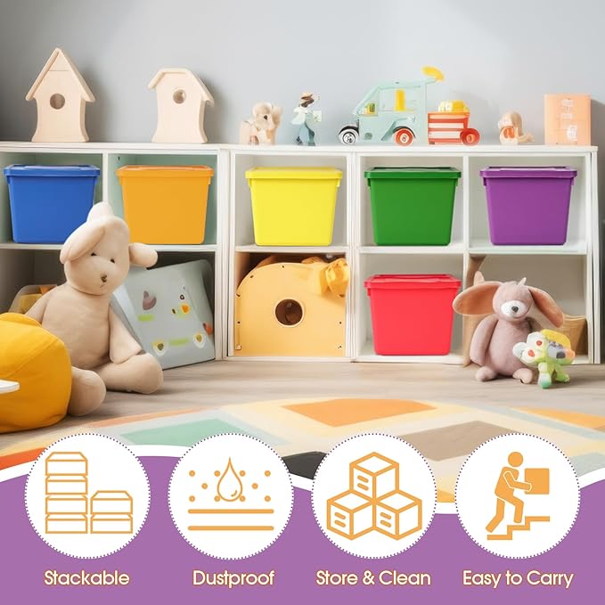 Potchen 6 Pack Cute Plastic Storage Bins with Lids Decorative Stackable Storage Boxes 9.8" ×7.3" ×5.7" Small Storing Totes for Organizing Craft Office Supplies (Colorful)
