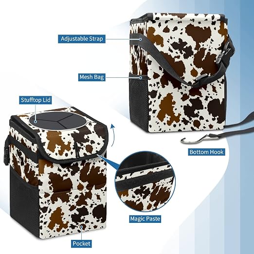 Western Brown Black Cow Print Car Trash Can with Lid Collapsible Reusable Waterproof Car Garage Bag,Automotive Garbage Can,Car Accessories Interior Car Organizer