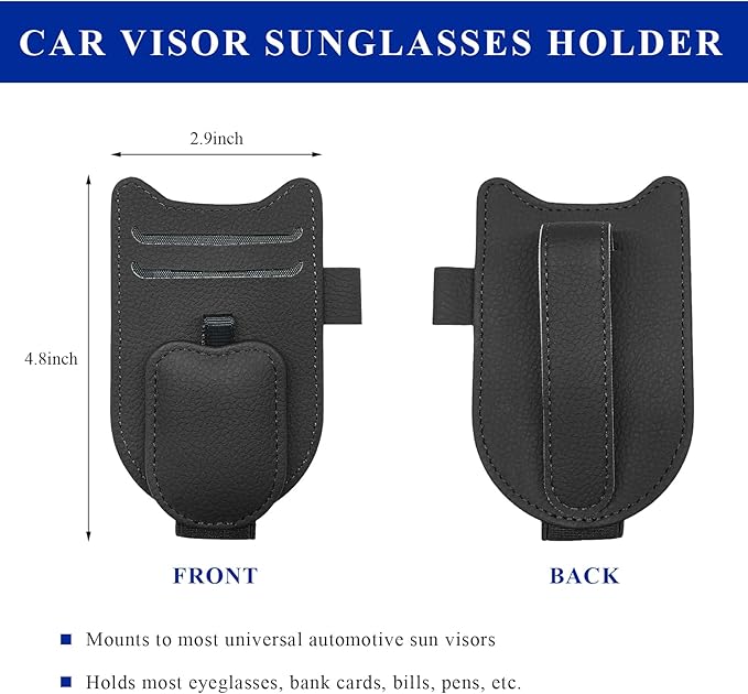 Sunglasses Holder for Car Visor, Magnetic Auto Sun Visor Organizer with Ticket & Pen Clip, Multi-Pocket Leather Eyeglass Clip Interior Accessories for Most Vehicles (Black)