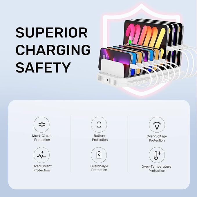Alxum USB Fast Charging Station with Quick Charge 3.0, 60W 10 Port Charging Stand for Multiple Devices, Compatible with iPad, iPhone, Samsung Galaxy, White