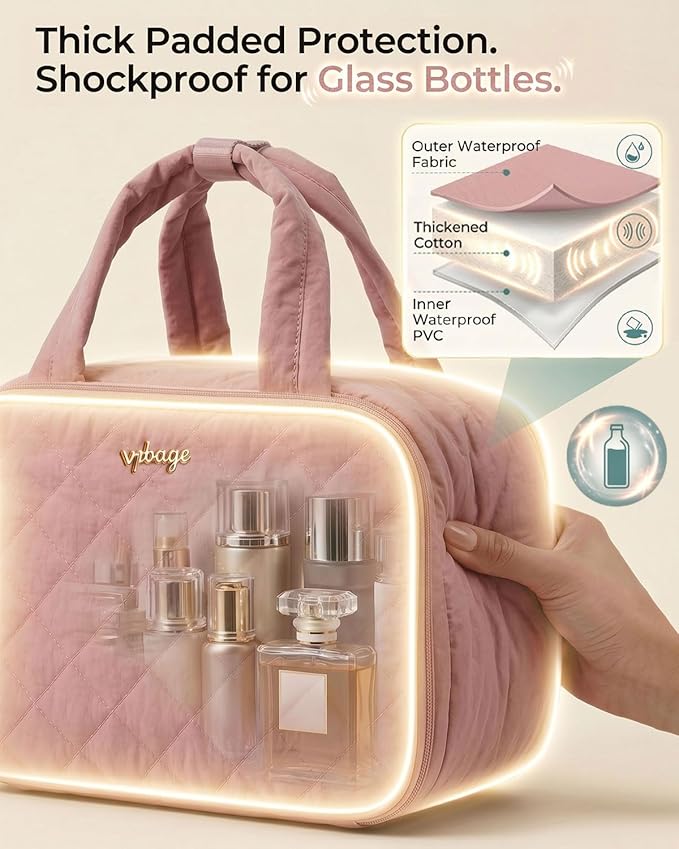 Lightweight Structured Travel Toiletry Bag for Women - Wide-Open Puffer Mini Duffel with Removable Divider, Waterproof Lining, Water-Resistant Exterior, Fits Full-Size Bottles & Shower Essentials