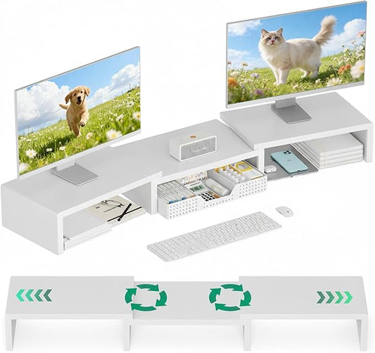 OPNICE Desk Organizer, Dual Computer Monitor Stand Riser with Drawer, Office Desk Accessories & Workspace Organizers, White