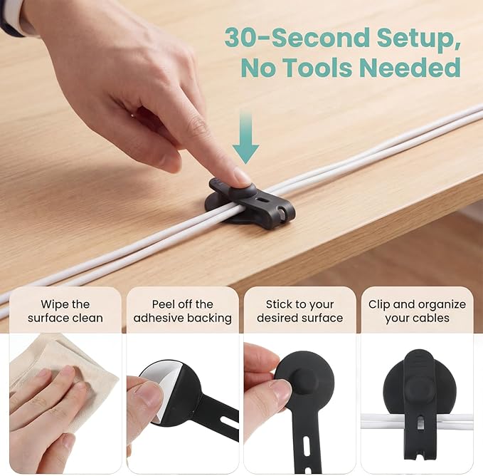 12PCS Cable Management Clips, Silicone Desk Wire Management, Reusable Cable Holders, Adhesive Cable Clips for Desk, for Organizing Wires in Family Bedrooms and Offices