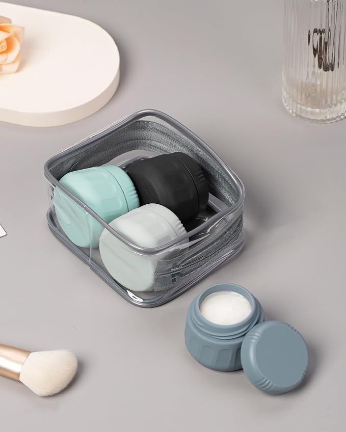 Mrsdry Travel Containers for Toiletries, TSA Approved Travel Size Toiletries 4 Pack, Refillable Containers, With Clear Bag, Leak Proof Silicone Jars, Essentials Creams Jars Carrying Small Items
