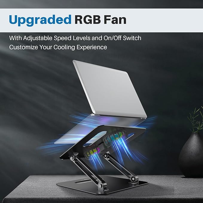Adjustable Laptop Cooling Stand with 2 Quiet Fans & RGB Lighting, Aluminum Alloy & Foldable Ergonomic Design for MacBook, Lenovo, ASUS, Dell 10-16 Inch, Perfect for Gaming, DJ, Office - Black
