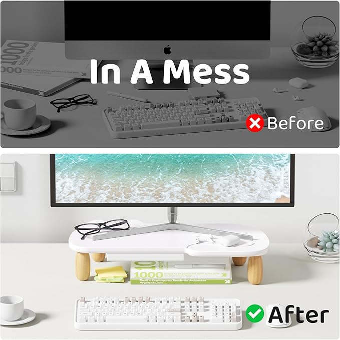 AFOOYO Monitor Stand Riser,Cat-Shaped Sturdy Wood Computer Monitor Stand, Monitor Stand Riser, Multi-Purpose Desktop Organizer Riser for Computer,Laptop,Printer,TV,White