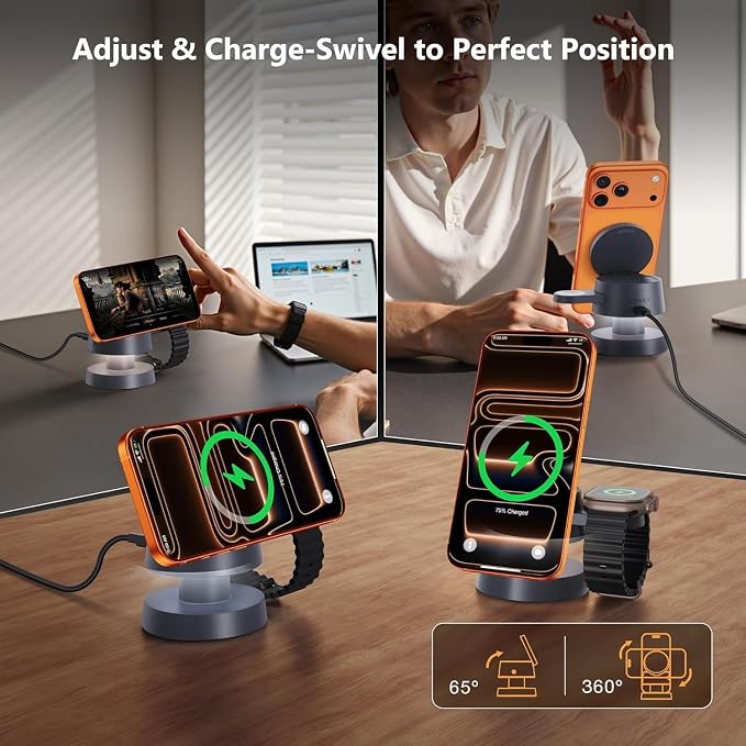iVANKY Qi2 Certified 3 in 1 Mag-Safe Charger Stand, 15W Fast Magnetic Wireless Charging Station with Night Light for iPhone 17e 17 16 15 14 13 Pro Max, Apple Watch, AirPods 4/3/2/Pro(No AC Adapter)