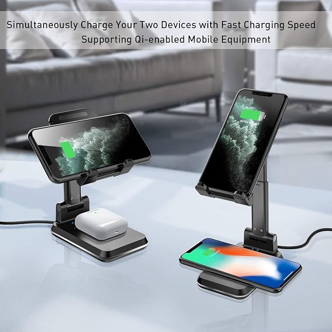 Wireless Charger, 2 in 1 Wireless Charging Station, Phone Charger Stand Phone Holder for Desk Compatible with iPhone 17 16 15 14 13 12 Pro Max Plus, Airpods 4 3 2 Pro, Samsung S25 S24 S23 Note 20