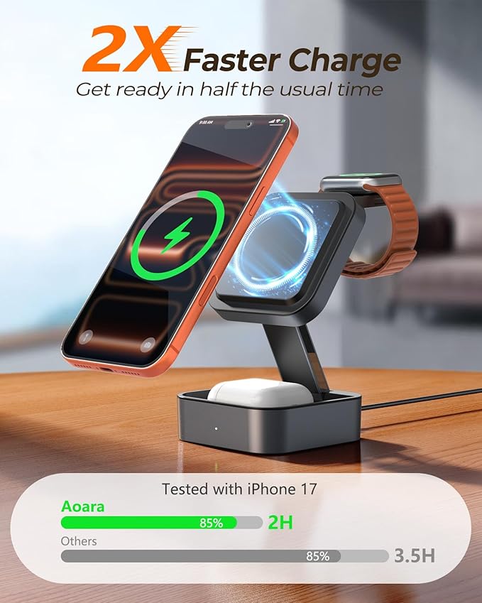 3 in 1 Wireless Charging Station for Apple Multiple Devices, Foldable Travel MagSafe Charger Stand with 20W PD Adapter for iPhone 17 16 15 14 13, Apple Watch, AirPods Pro/4 - Space Grey