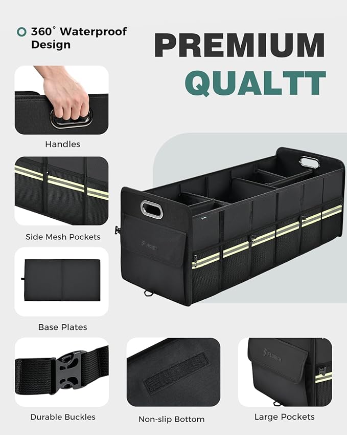 FLORICH Trunk Organizer for Suv, Large Truck Organizer Back Seat Storage Premium, Collapsible Multi-Compartment Car Organizers and Storage Waterproof
