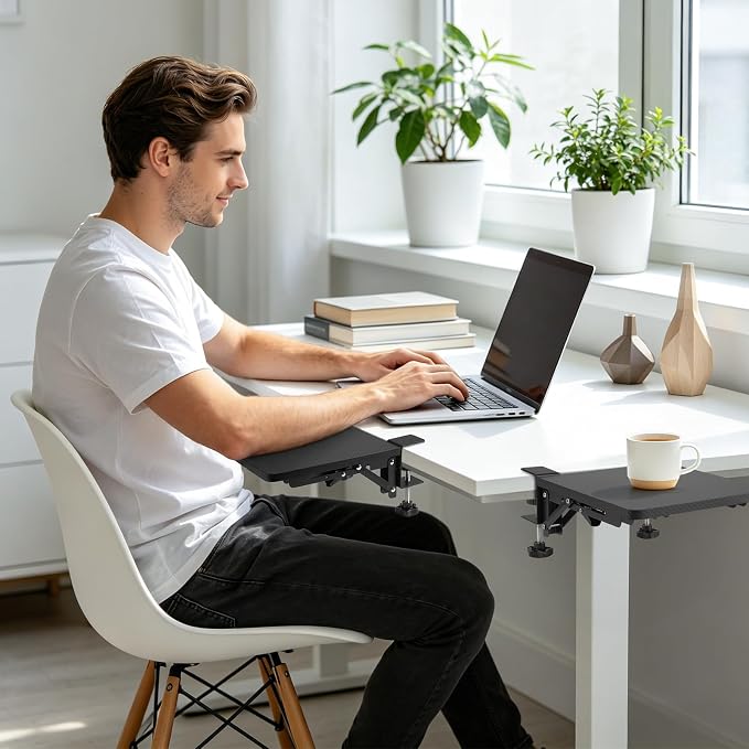 Ergonomics Foldable Desk Extender Tray with a Mouse Pad, 9"x9" Elbow Arm Rest with Clamp On Desktop Mount, 90° Foldable Armrest Support for Home and Office Use, Black