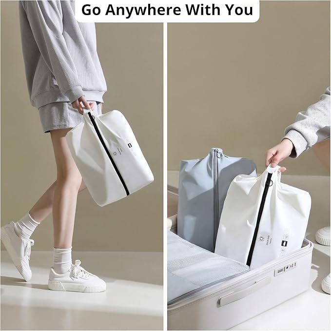 tianzong 2 Pack Double-Layer Fabric Wide-Opening Waterproof Travel Shoe Bag with Comfortable Handle (White)
