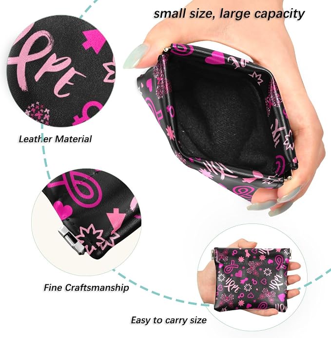 Pink Ribbon Women's Waterproof PU Leather Coin Purse, Slim Travel Wallet with Zipper - Compact Card Holder & Jewelry Organizer for Cash, Keys, Lipstick