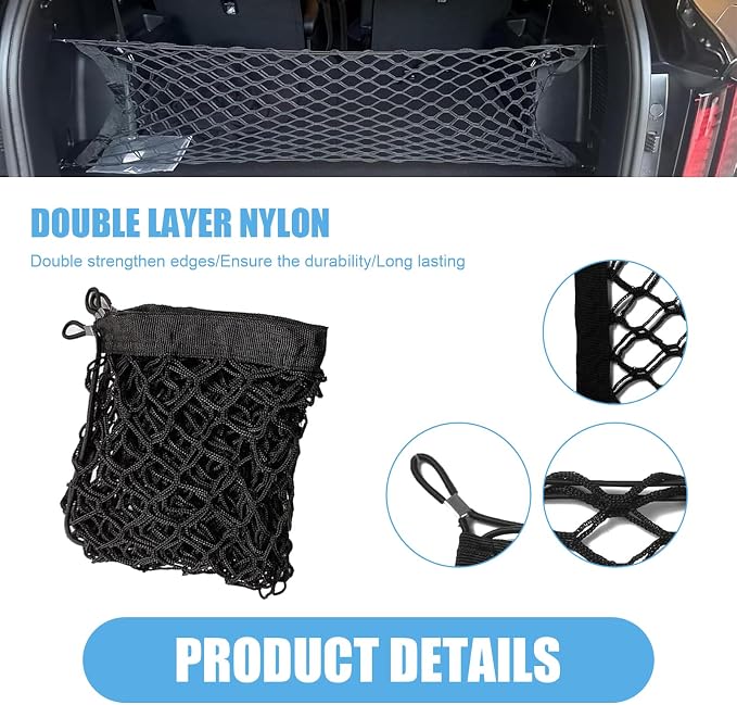 Car Rear Cargo Net, Adjustable Elastic Trunk Storage Organizer Net, 35.43" x 11.81" Double-layer Storage Net with Hooks, Universal Automotive Interior Accessories for Most Cars (Black)